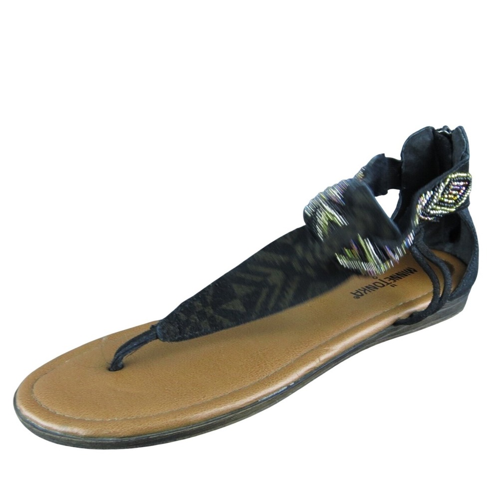 Minnetonka Antigua Women T-Strap Sandal Shoes Size 8 Medium Black Leather